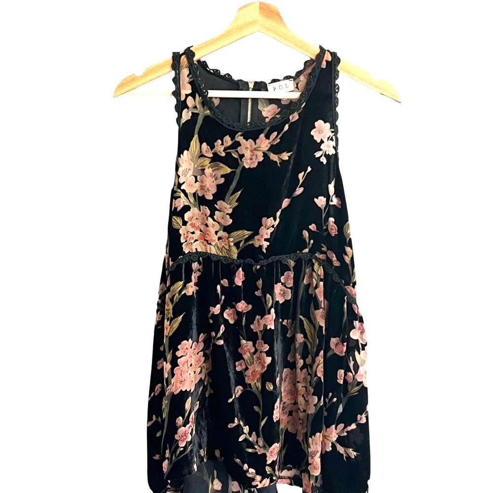 POL Womens Black Velvet Floral Babydoll Top Size S Whimsigoth Fairy Boho Cottage